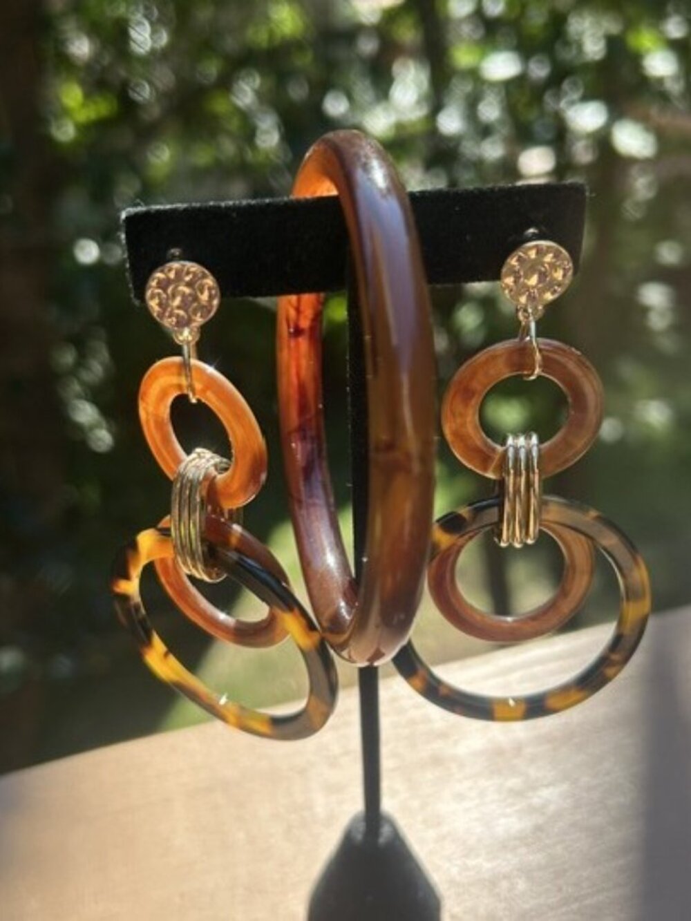 LUCITE Brown Amber Black Tortoise Shell Bangle and Earrings SET